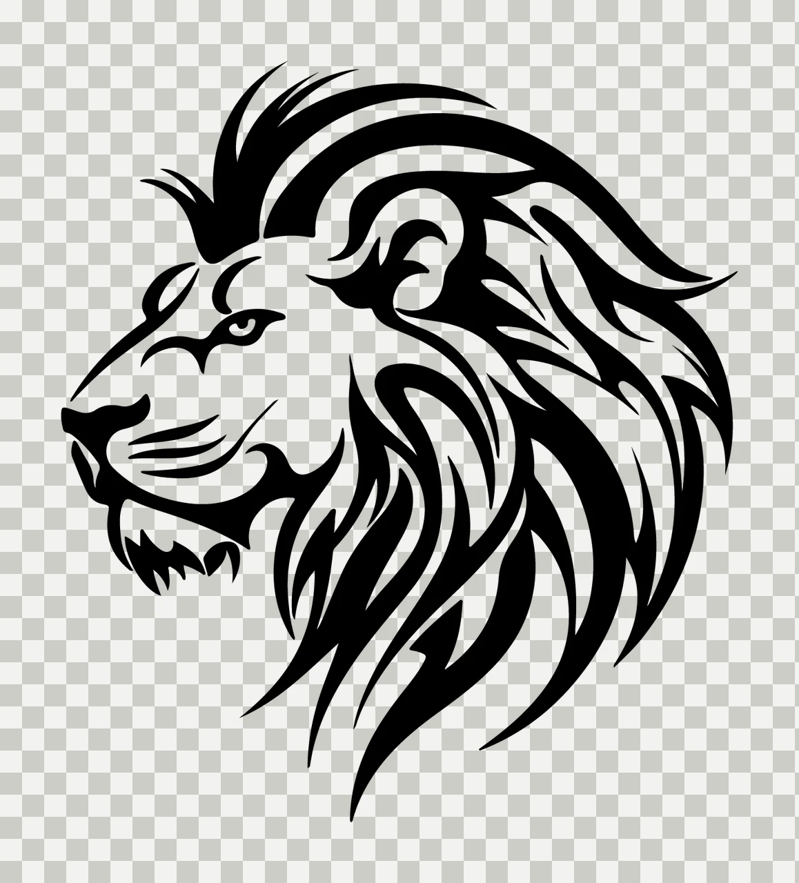 Lion Head Profile With Tribal Mane looking black white silhouette transparency and detail preview thumbnail