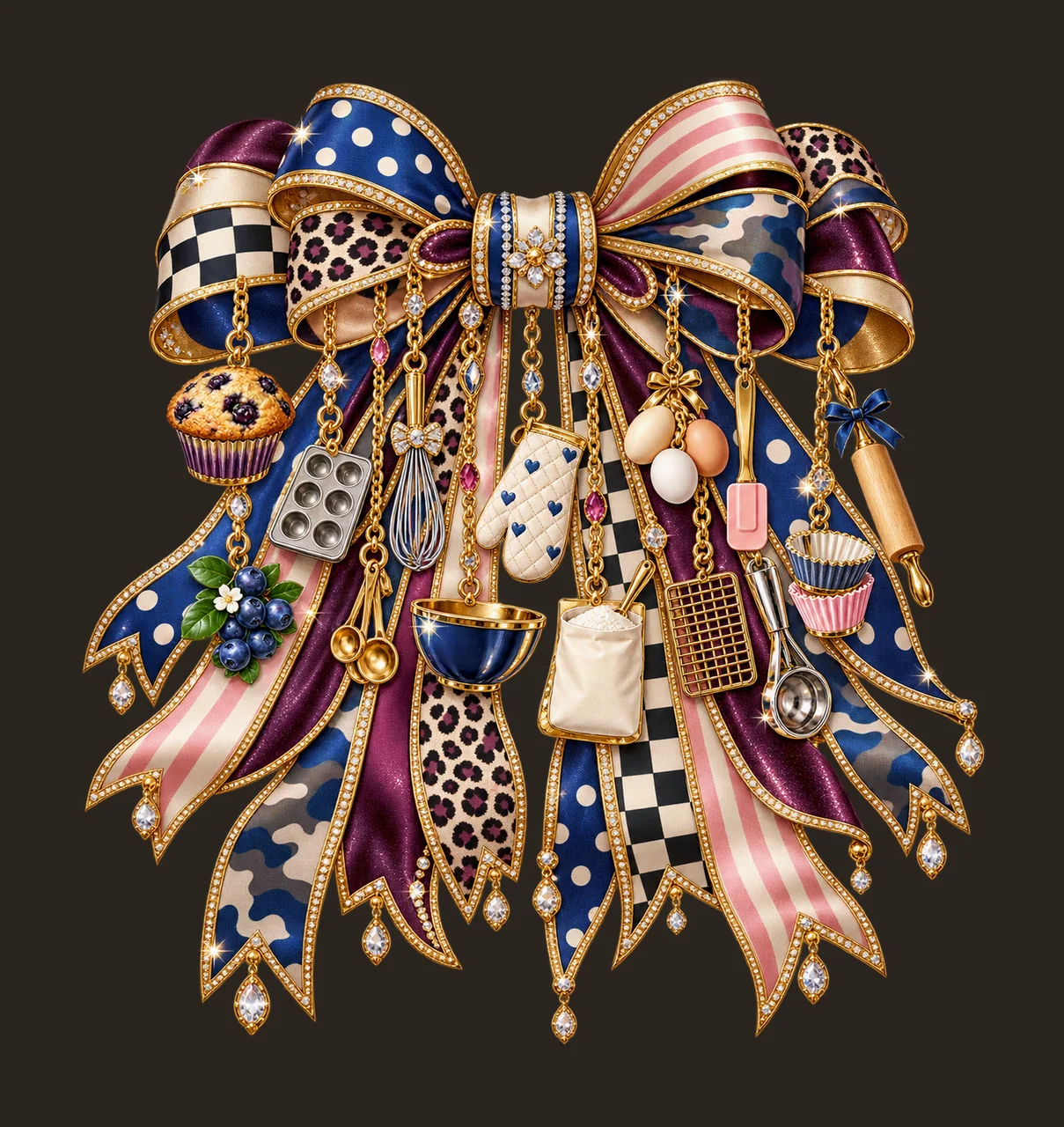 Muffin Baker Bow Charm PNG, Themed Gold Chain Charms, Coquette Ribbon Sublimation Design, Transparent Digital Download contrast preview thumbnail