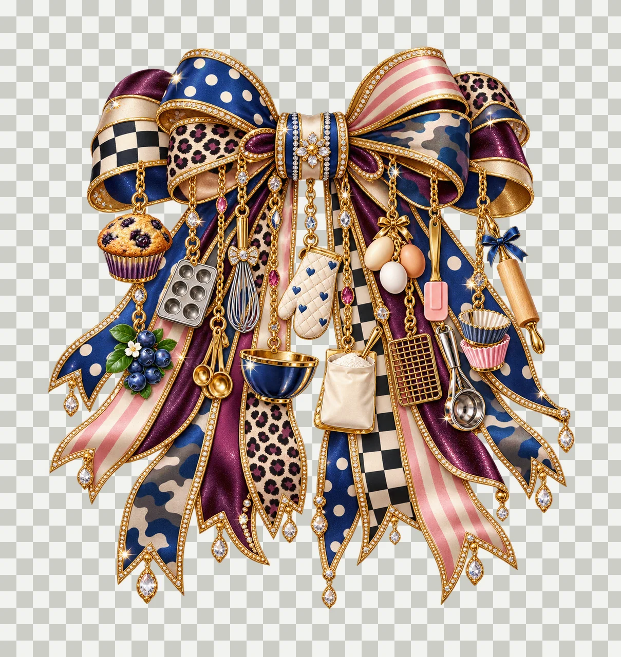 Muffin Baker Bow Charm PNG, Themed Gold Chain Charms, Coquette Ribbon Sublimation Design, Transparent Digital Download transparency and detail preview thumbnail