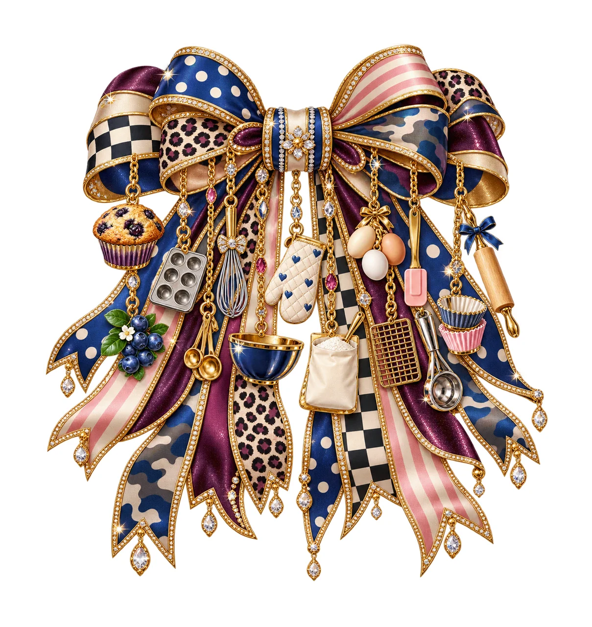 Muffin Baker Bow Charm PNG, Themed Gold Chain Charms, Coquette Ribbon Sublimation Design, Transparent Digital Download