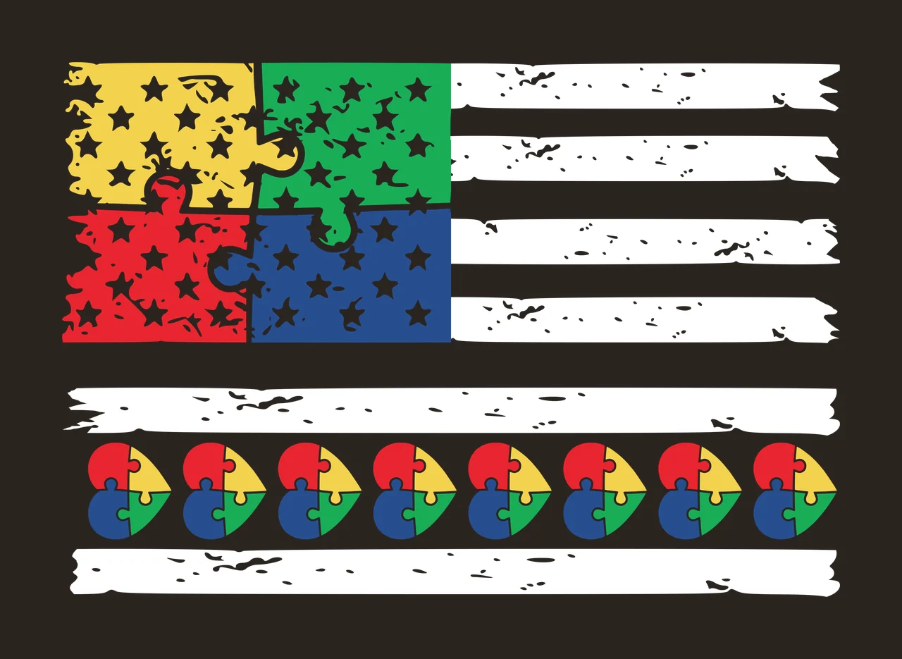 Puzzle piece flag and heart-shaped puzzle pieces Illustration with four-color puzzle piece flag with white stars and seven heart-shaped puzzle pieces in yellow, green and red contrast preview thumbnail
