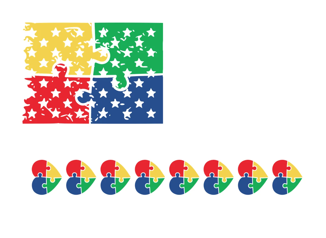 Puzzle piece flag and heart-shaped puzzle pieces Illustration with four-color puzzle piece flag with white stars and seven heart-shaped puzzle pieces in yellow, green and red