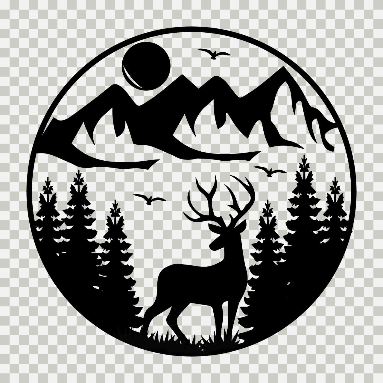 Deer Silhouette In Mountain Forest standing mountains sun pine trees transparency and detail preview thumbnail