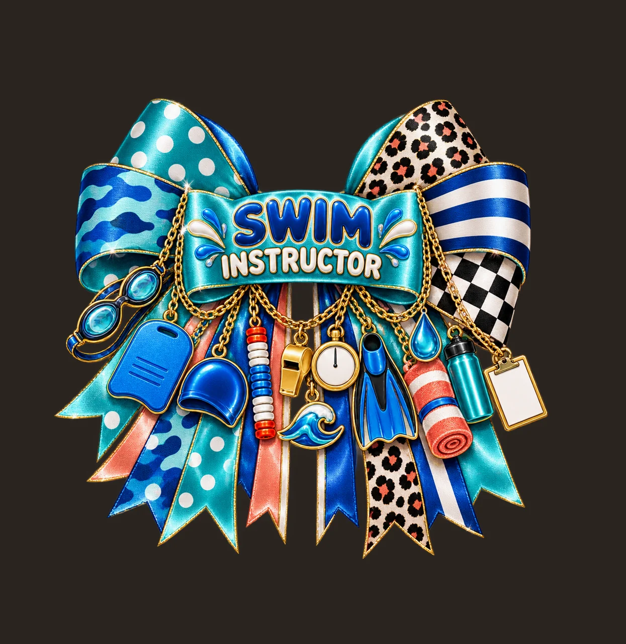 Swim Instructor Bow Charm PNG, Gold Chain Charms, Transparent Sublimation Design, Digital Download contrast preview thumbnail