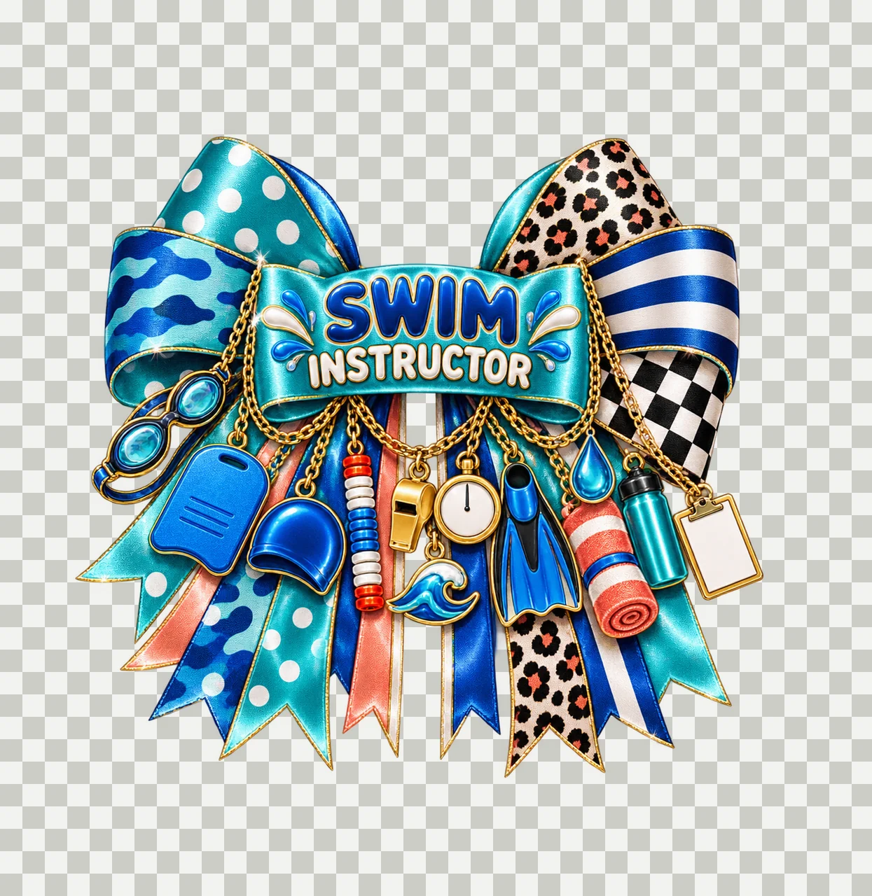 Swim Instructor Bow Charm PNG, Gold Chain Charms, Transparent Sublimation Design, Digital Download transparency and detail preview thumbnail