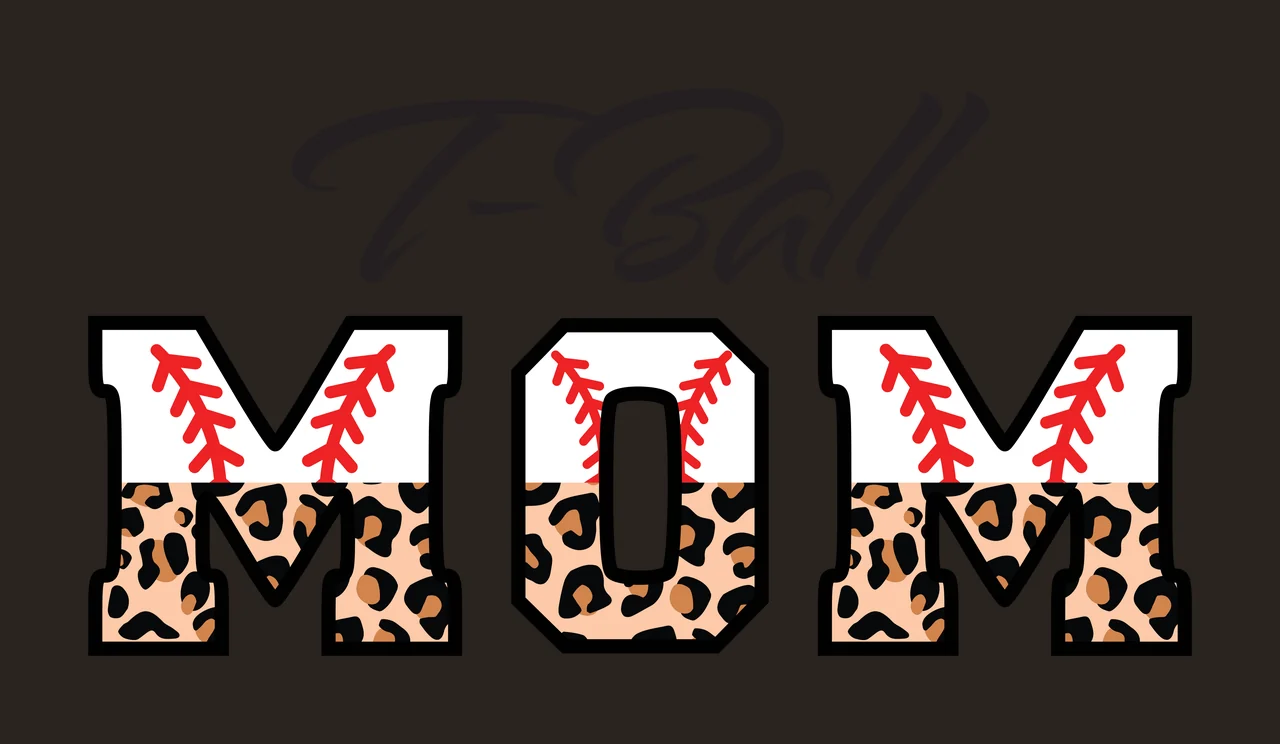 T-Ball MOM Typography Design with black cursive T-Ball text, bold black-outlined M O M letters, red baseball stitching on top of each letter and leopard print pattern on bottom half of each letter contrast preview thumbnail