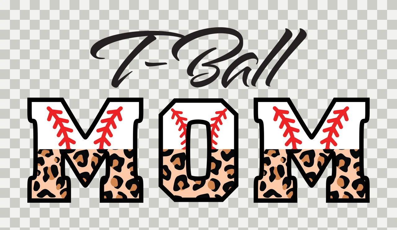 T-Ball MOM Typography Design with black cursive T-Ball text, bold black-outlined M O M letters, red baseball stitching on top of each letter and leopard print pattern on bottom half of each letter transparency and detail preview thumbnail
