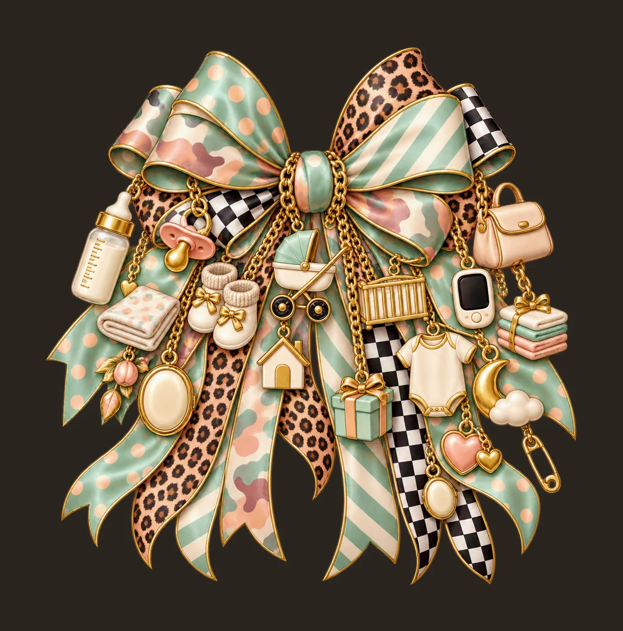 New Mom Bow Charm PNG, Themed Gold Chain Charms, Coquette Ribbon Sublimation Design, Transparent Digital Download contrast preview thumbnail