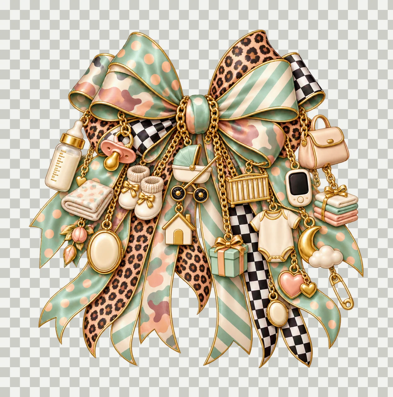 New Mom Bow Charm PNG, Themed Gold Chain Charms, Coquette Ribbon Sublimation Design, Transparent Digital Download transparency and detail preview thumbnail