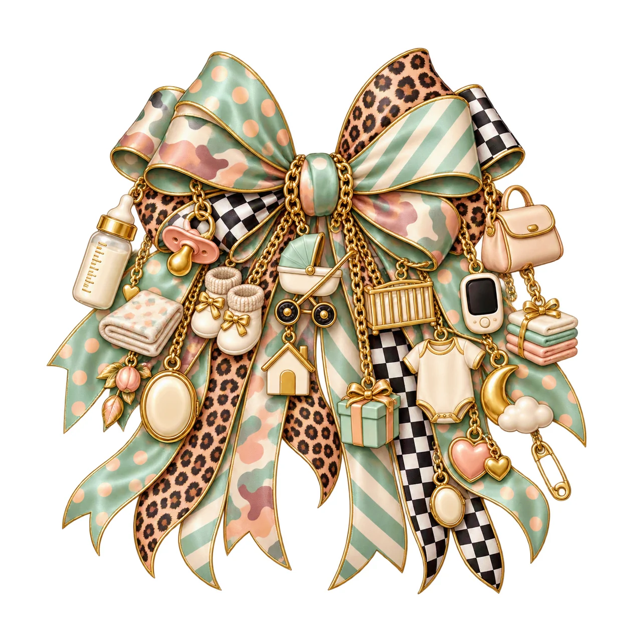 New Mom Bow Charm PNG, Themed Gold Chain Charms, Coquette Ribbon Sublimation Design, Transparent Digital Download