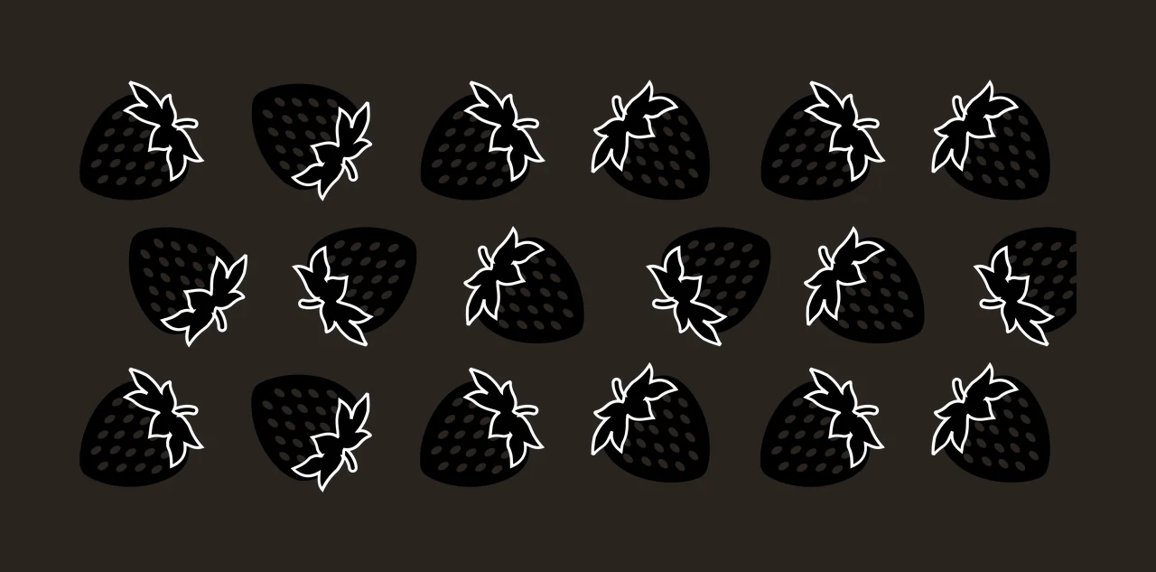 Strawberries Illustration with strawberry silhouettes, leaves, seeds and fruit icons in black and white contrast preview thumbnail