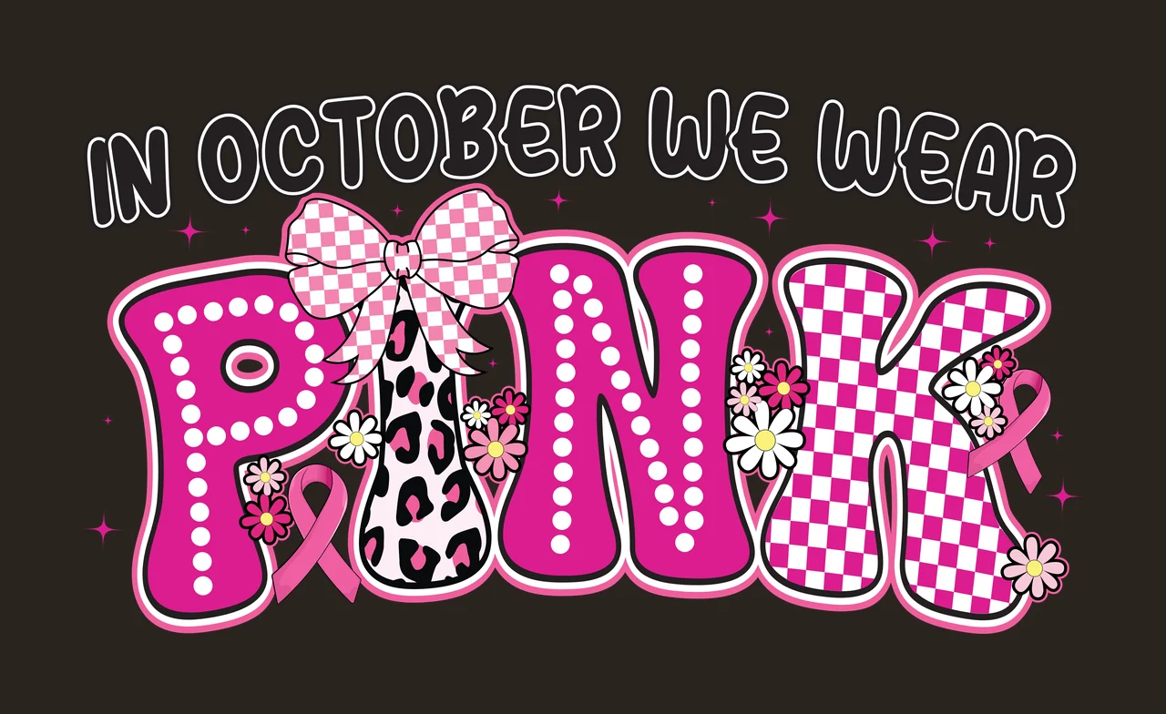 In October We Wear Pink Text ribbons stars black white monochrome contrast preview thumbnail