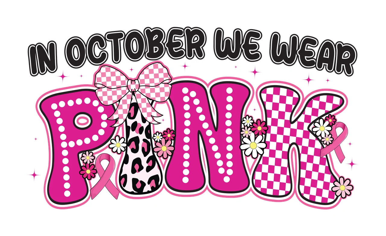 In October We Wear Pink Text ribbons stars black white monochrome