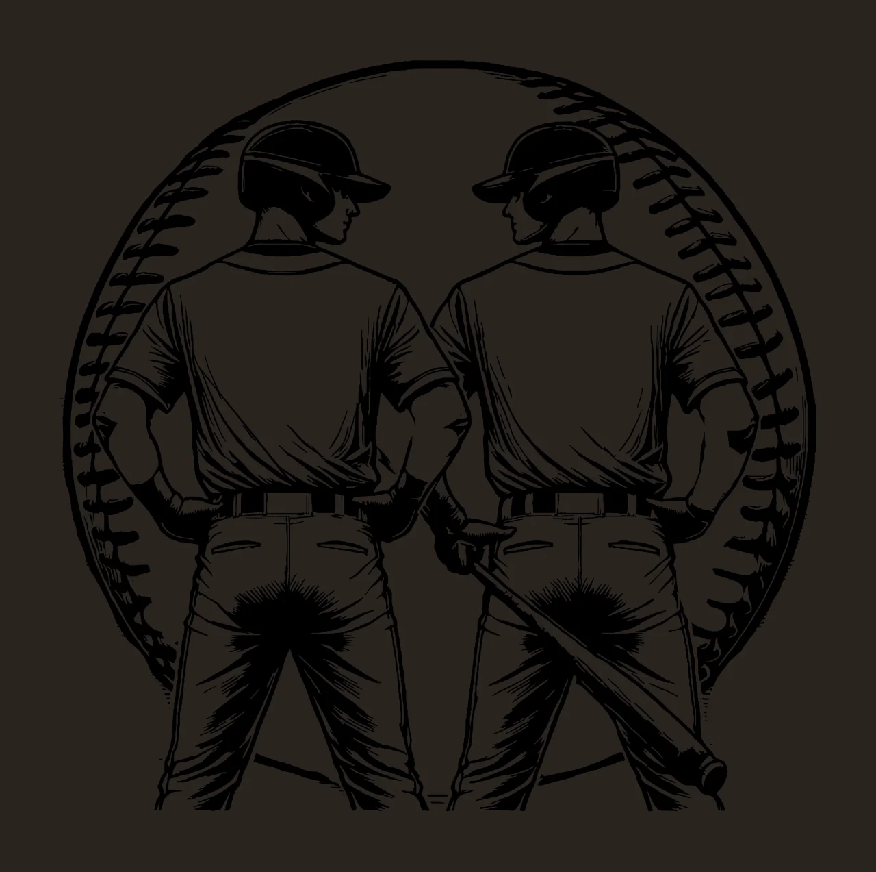 Baseball Two Players Standing Back with bat sketch black white contrast preview thumbnail