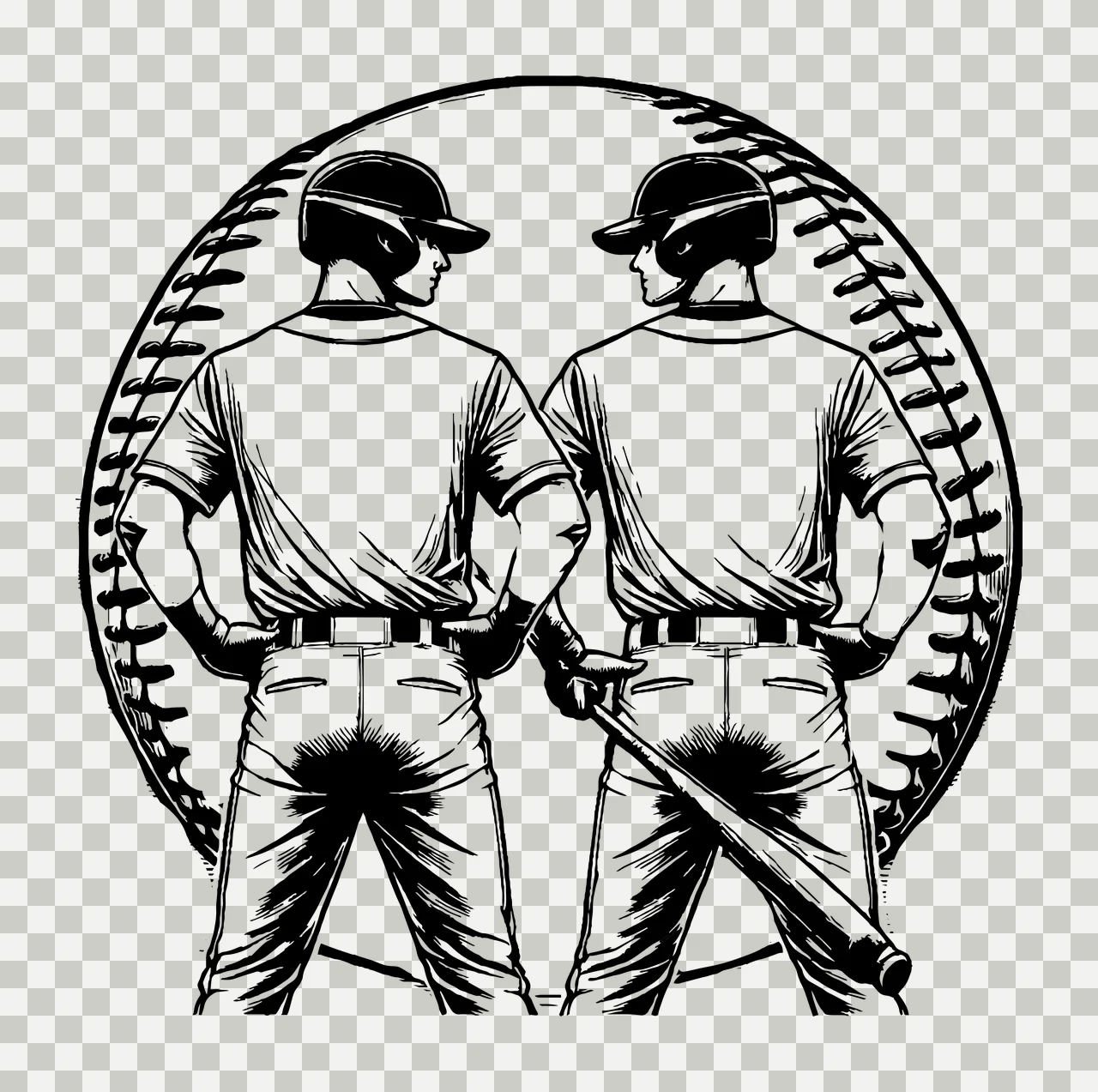 Baseball Two Players Standing Back with bat sketch black white transparency and detail preview thumbnail