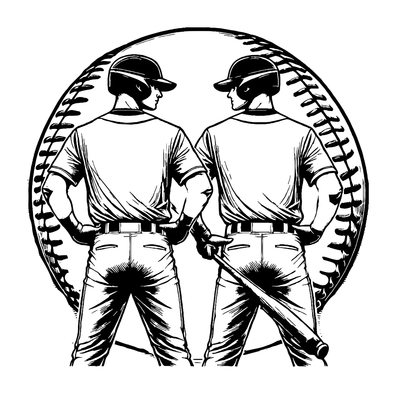 Baseball Two Players Standing Back with bat sketch black white
