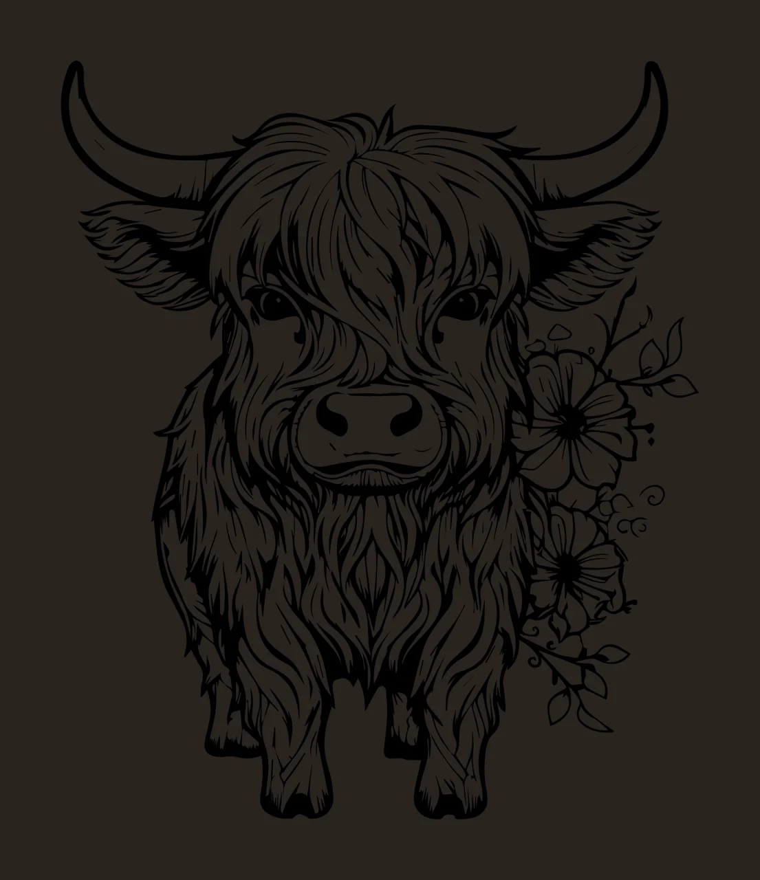 Highland Cow Cattle With Floral Side standing flower leaf line art contrast preview thumbnail