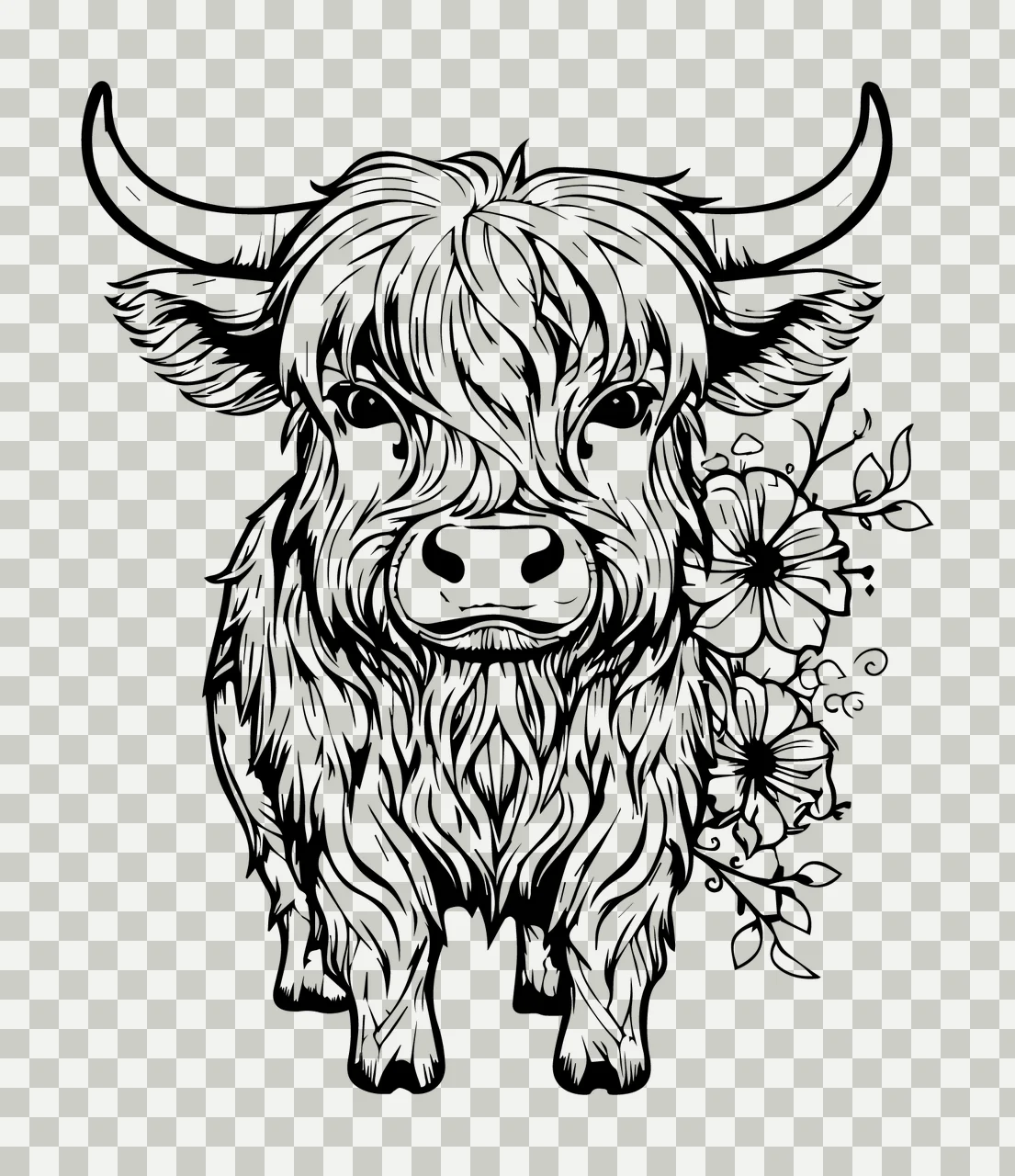 Highland Cow Cattle With Floral Side standing flower leaf line art transparency and detail preview thumbnail