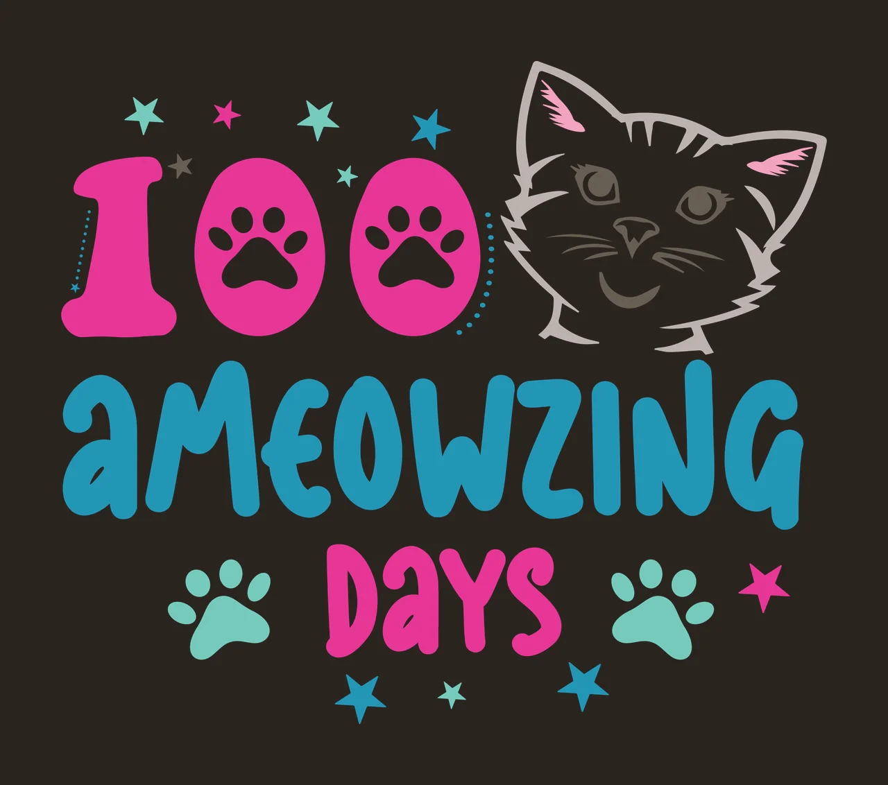 Cat 100 Ameowzing Days Design head paw prints stars playful contrast preview thumbnail