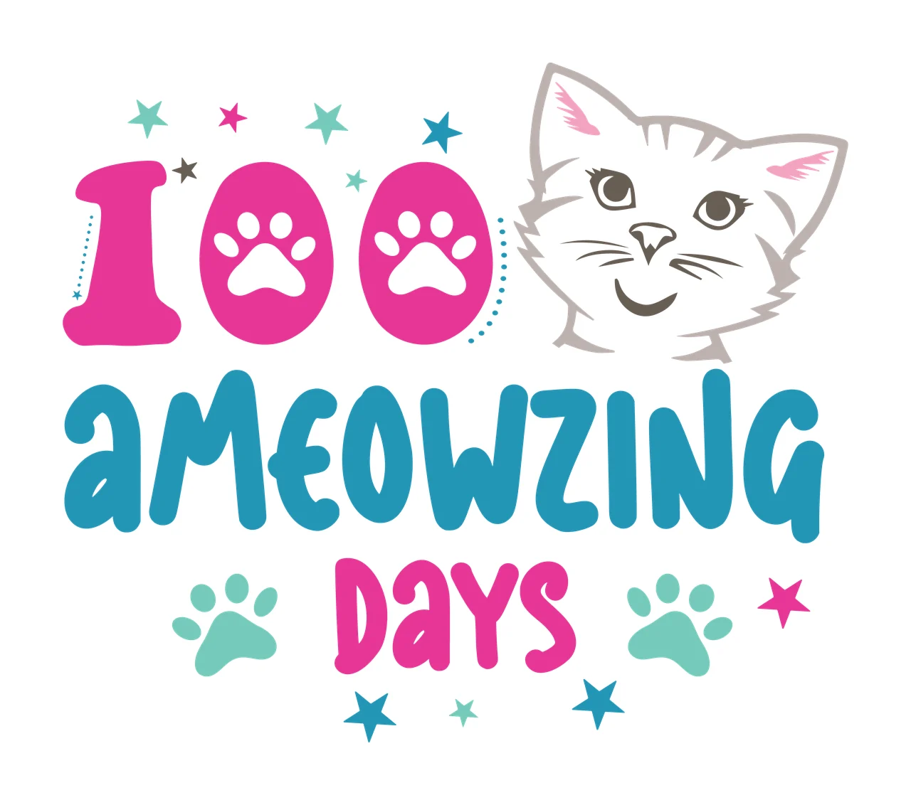 Cat 100 Ameowzing Days Design head paw prints stars playful