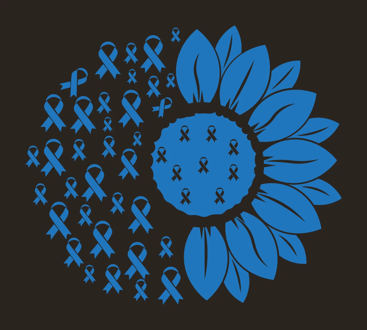 Silhouette Design of Sunflower with ribbon motif with blue sunflower, white ribbon center, scattered blue ribbons and white background contrast preview thumbnail
