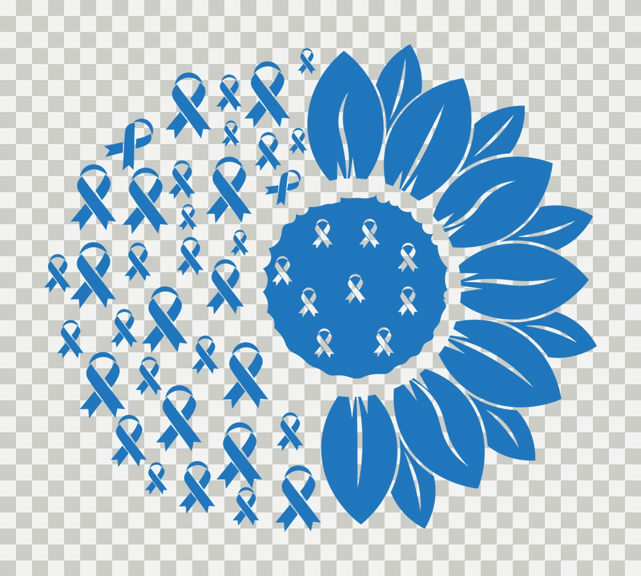 Silhouette Design of Sunflower with ribbon motif with blue sunflower, white ribbon center, scattered blue ribbons and white background transparency and detail preview thumbnail