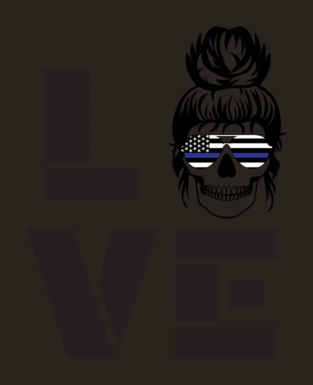 LOVE Skull Design with stencil letters L V E, messy bun and sunglasses with American flag and blue line in black and white contrast preview thumbnail