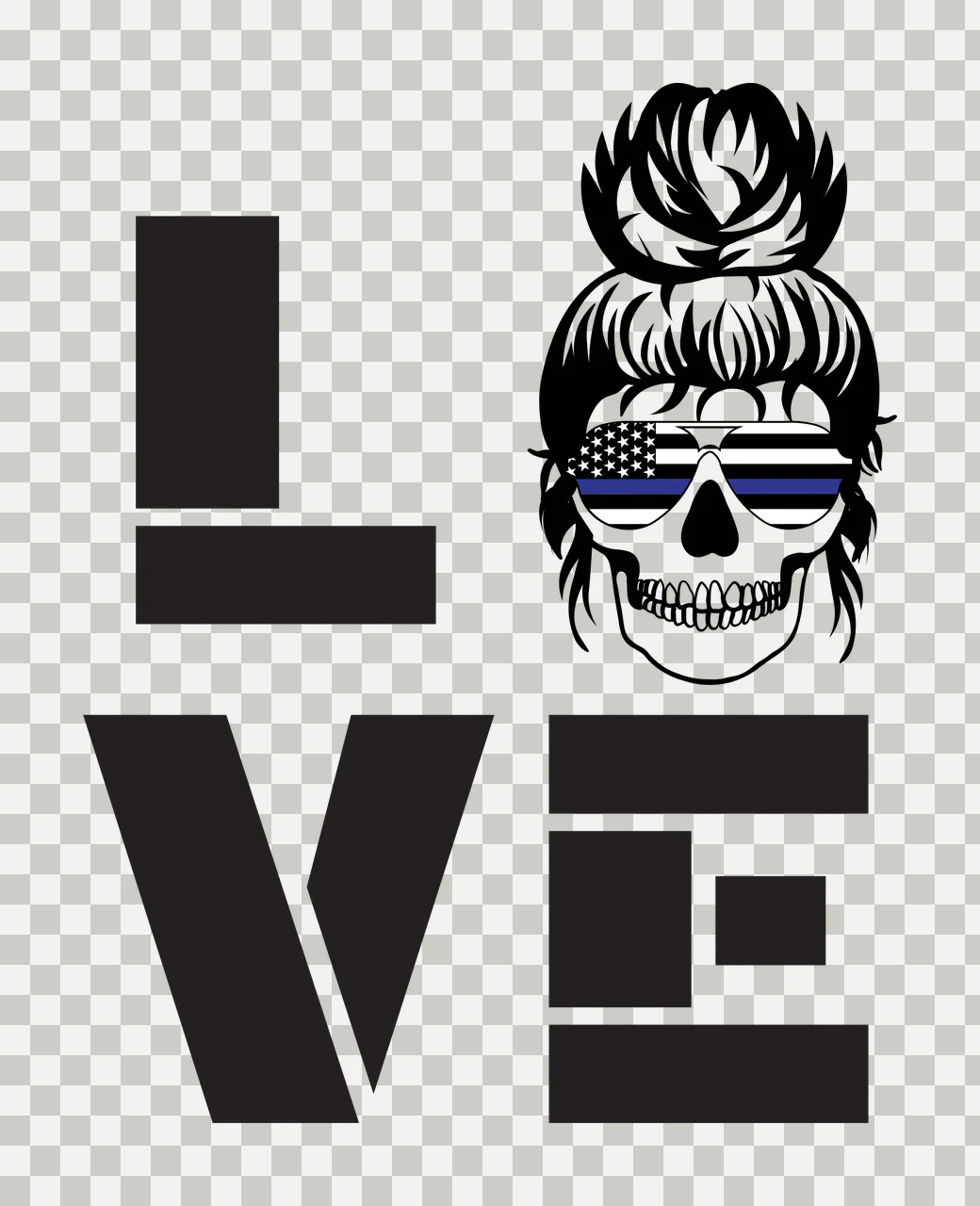 LOVE Skull Design with stencil letters L V E, messy bun and sunglasses with American flag and blue line in black and white transparency and detail preview thumbnail