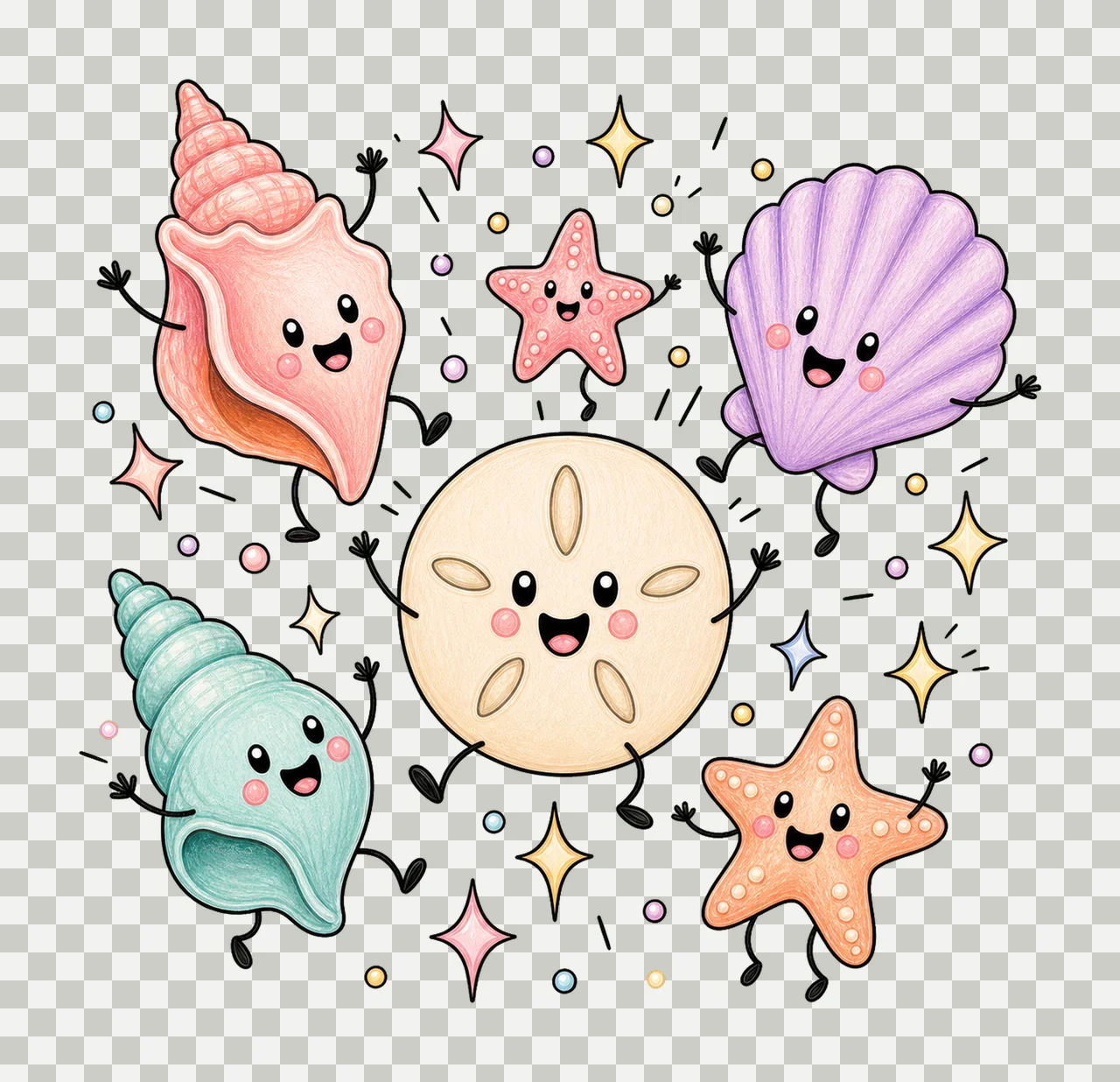 Happy Seashell Doodles Dancing Shell Characters Variation A transparency and detail preview thumbnail