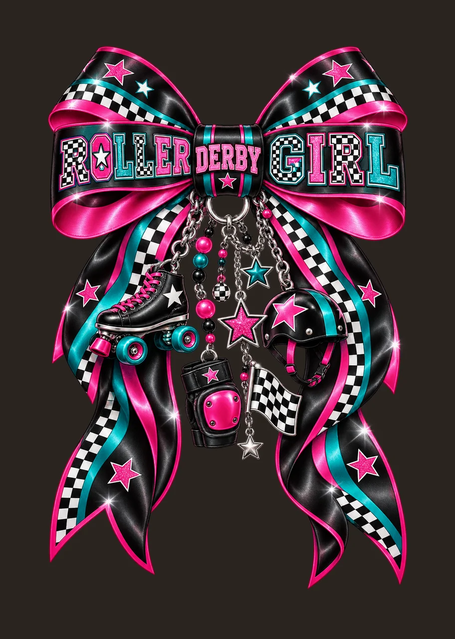 Roller Derby Girl Bow Charm PNG, Coquette Ribbon Sublimation, Transparent Digital Download contrast preview thumbnail