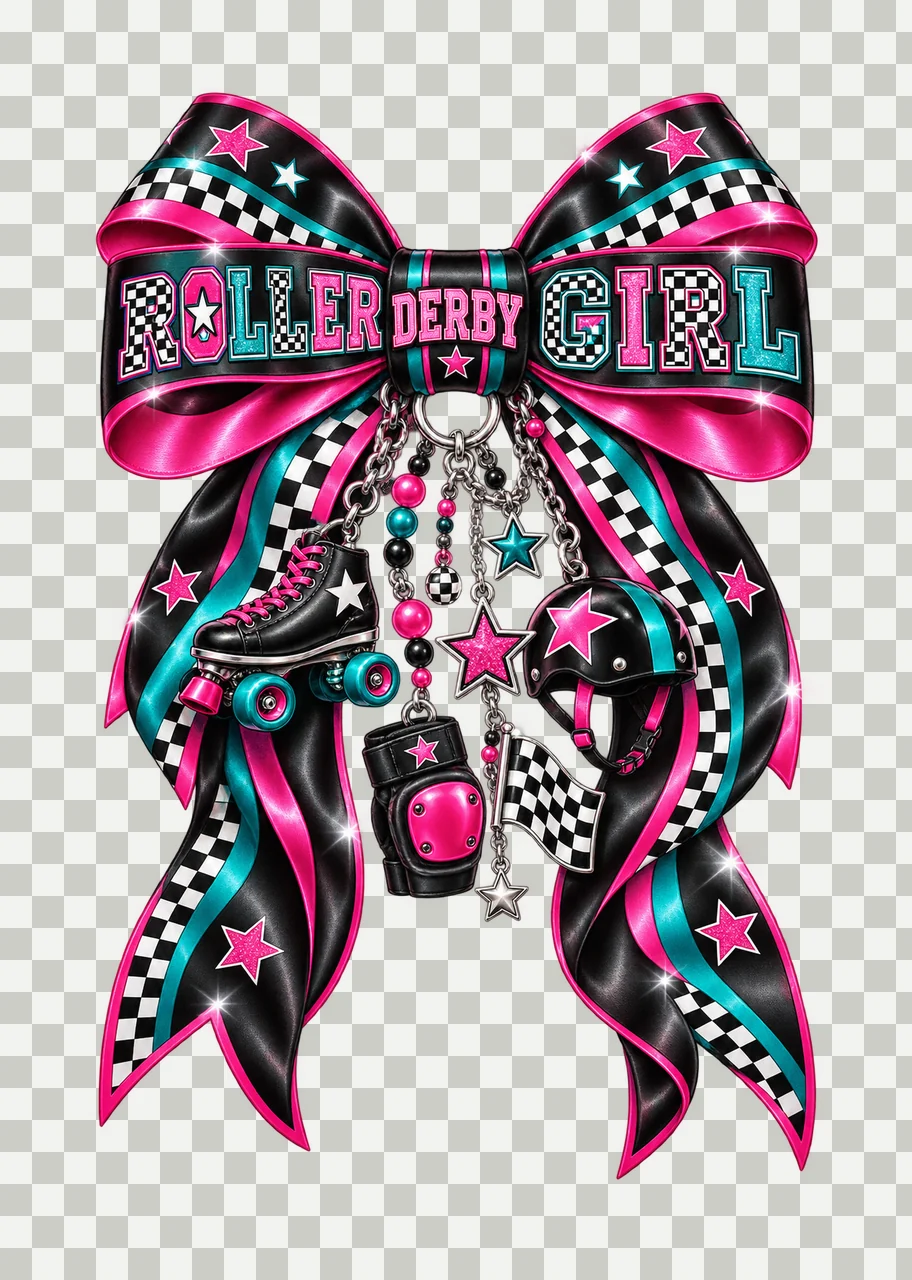 Roller Derby Girl Bow Charm PNG, Coquette Ribbon Sublimation, Transparent Digital Download transparency and detail preview thumbnail