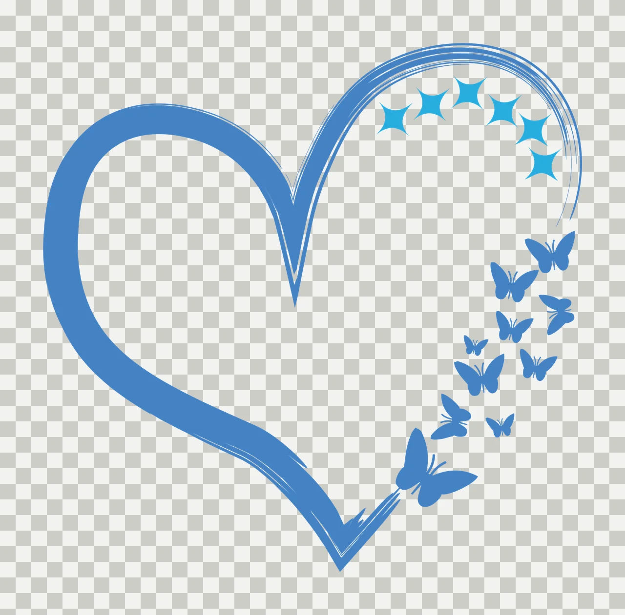 Blue brushstroke heart with butterflies and stars Illustration transparency and detail preview thumbnail