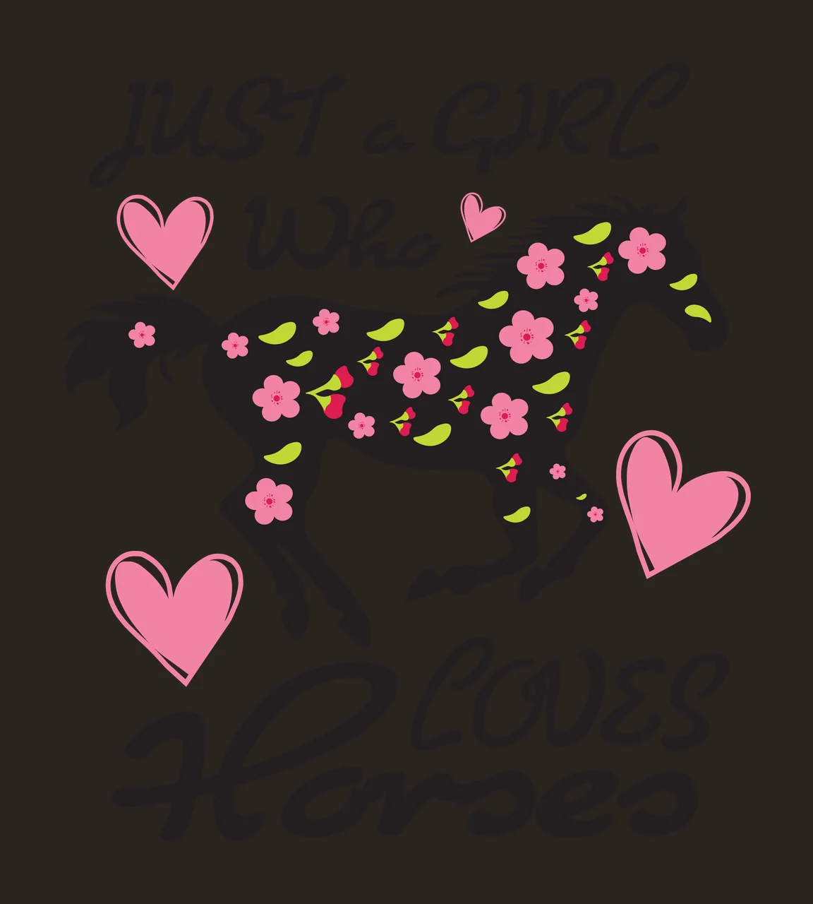 JUST a GIRL Who LOVES Horses Floral horse silhouette Design with pink flowers, green leaves, pink hearts and script text in black contrast preview thumbnail