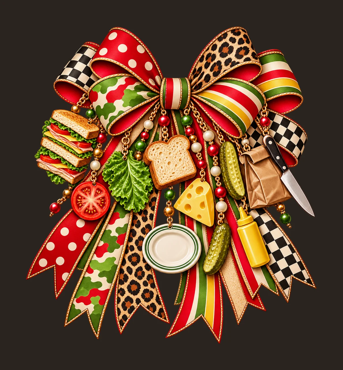 Sandwich Lover Bow Charm PNG, Bread Cheese Pickle and Lunch Charms, Foodie Sublimation Design, Transparent Digital Download contrast preview thumbnail