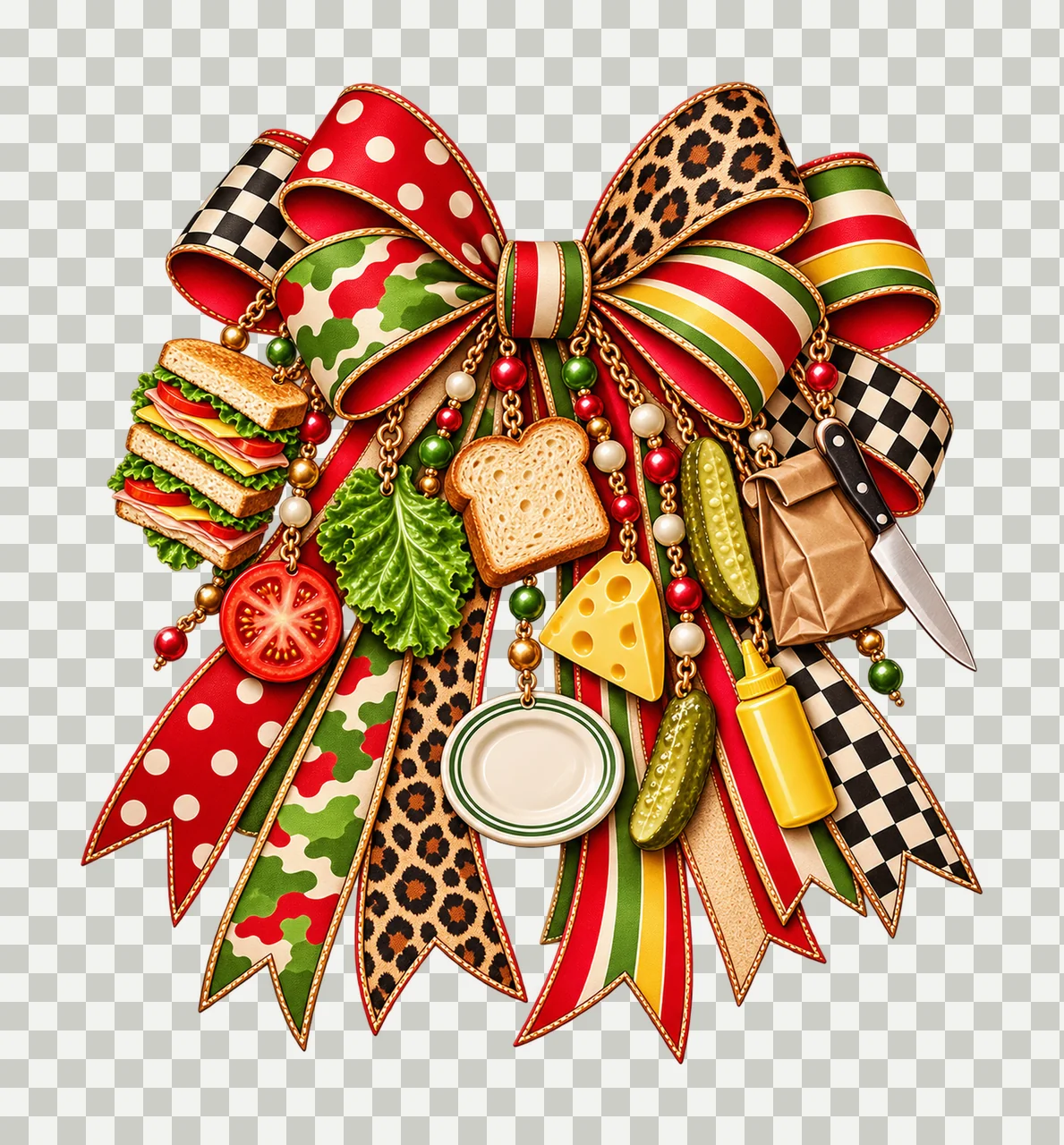 Sandwich Lover Bow Charm PNG, Bread Cheese Pickle and Lunch Charms, Foodie Sublimation Design, Transparent Digital Download transparency and detail preview thumbnail