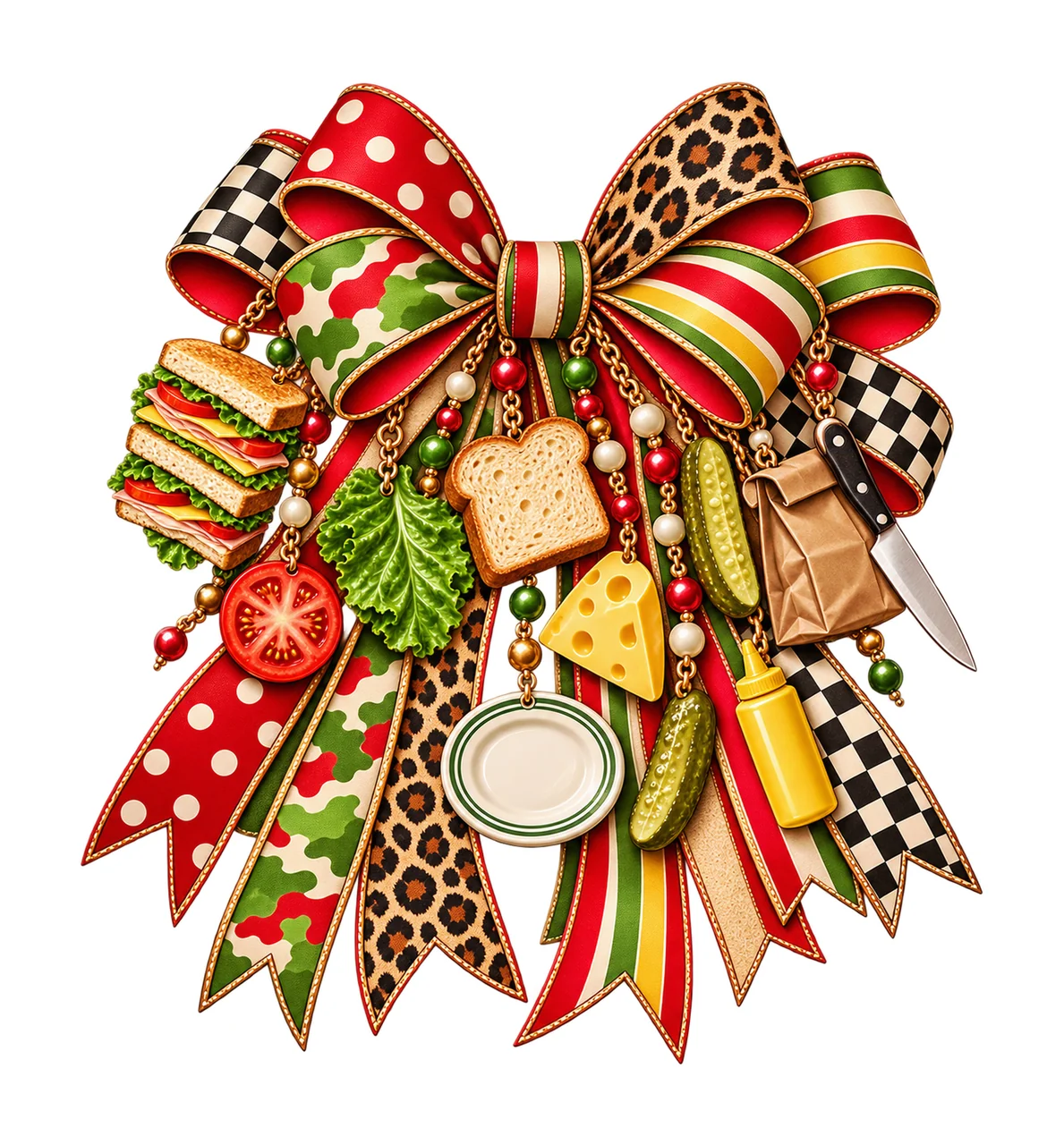 Sandwich Lover Bow Charm PNG, Bread Cheese Pickle and Lunch Charms, Foodie Sublimation Design, Transparent Digital Download