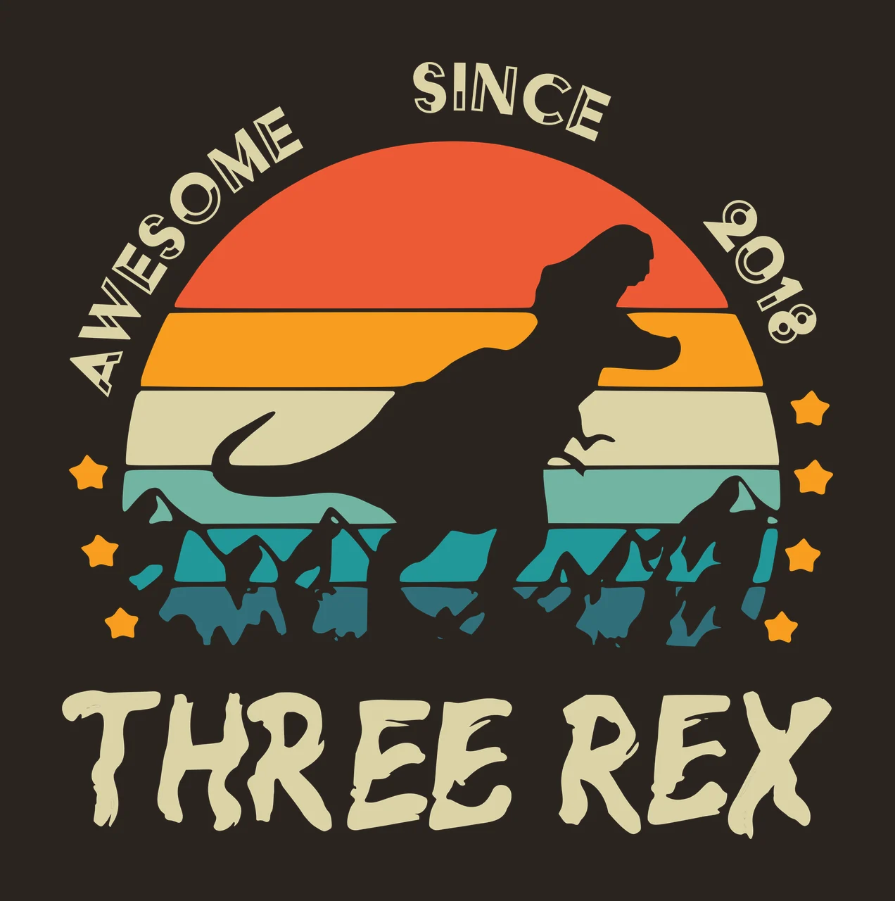 AWESOME SINCE 2018 THREE REX dinosaur silhouette and retro sunset Design with striped sunset, mountain range, stars and curved text in orange, yellow and teal contrast preview thumbnail