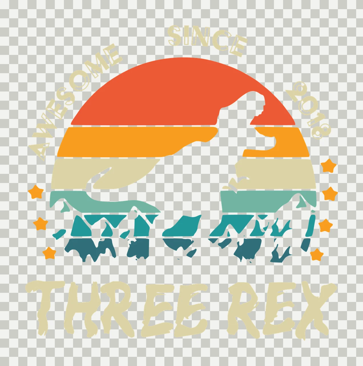 AWESOME SINCE 2018 THREE REX dinosaur silhouette and retro sunset Design with striped sunset, mountain range, stars and curved text in orange, yellow and teal transparency and detail preview thumbnail