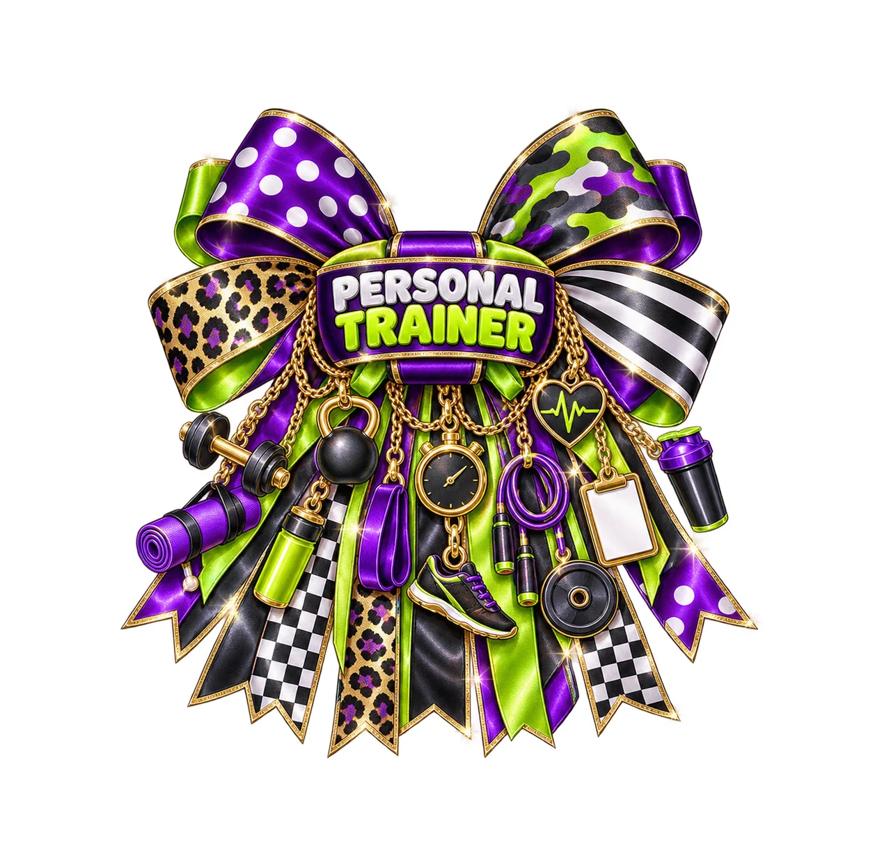 Personal Trainer Bow Charm PNG, Gold Chain Charms, Transparent Sublimation Design, Digital Download