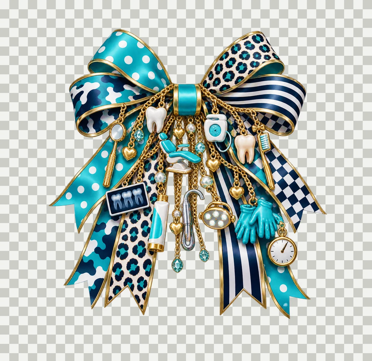 Dentist Bow Charm PNG, Themed Gold Chain Charms, Coquette Ribbon Sublimation Design, Transparent Digital Download transparency and detail preview thumbnail