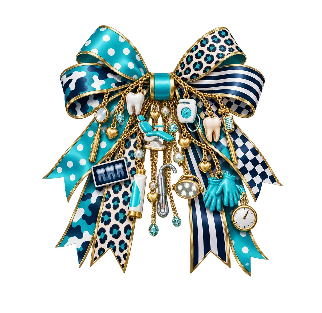 Dentist Bow Charm PNG, Themed Gold Chain Charms, Coquette Ribbon Sublimation Design, Transparent Digital Download