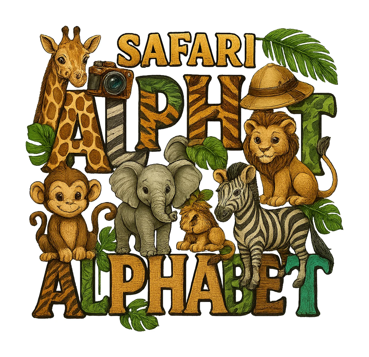 Safari doodle alphabet zoo crew sublimation design safari