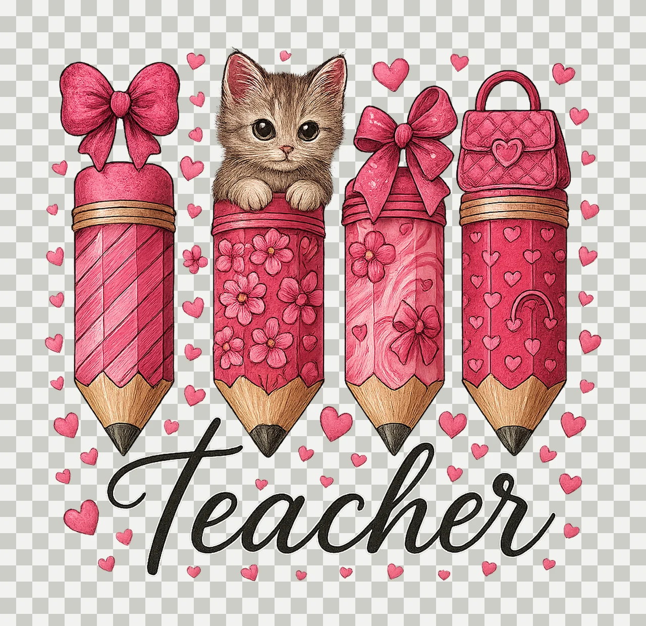 Teacher Valentine Heart Pencil Coquette Bow Design Retro transparency and detail preview thumbnail