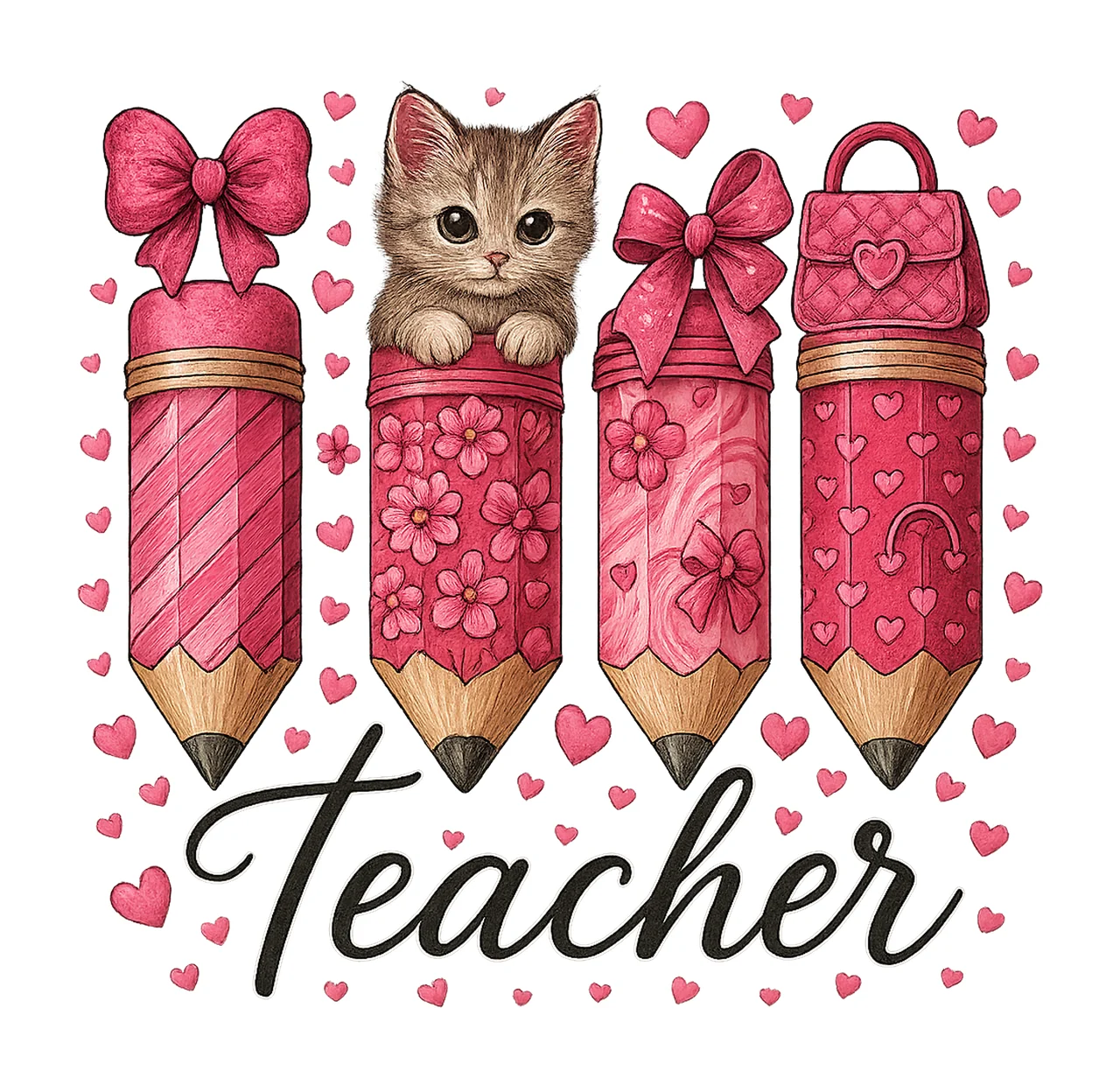 Teacher Valentine Heart Pencil Coquette Bow Design Retro