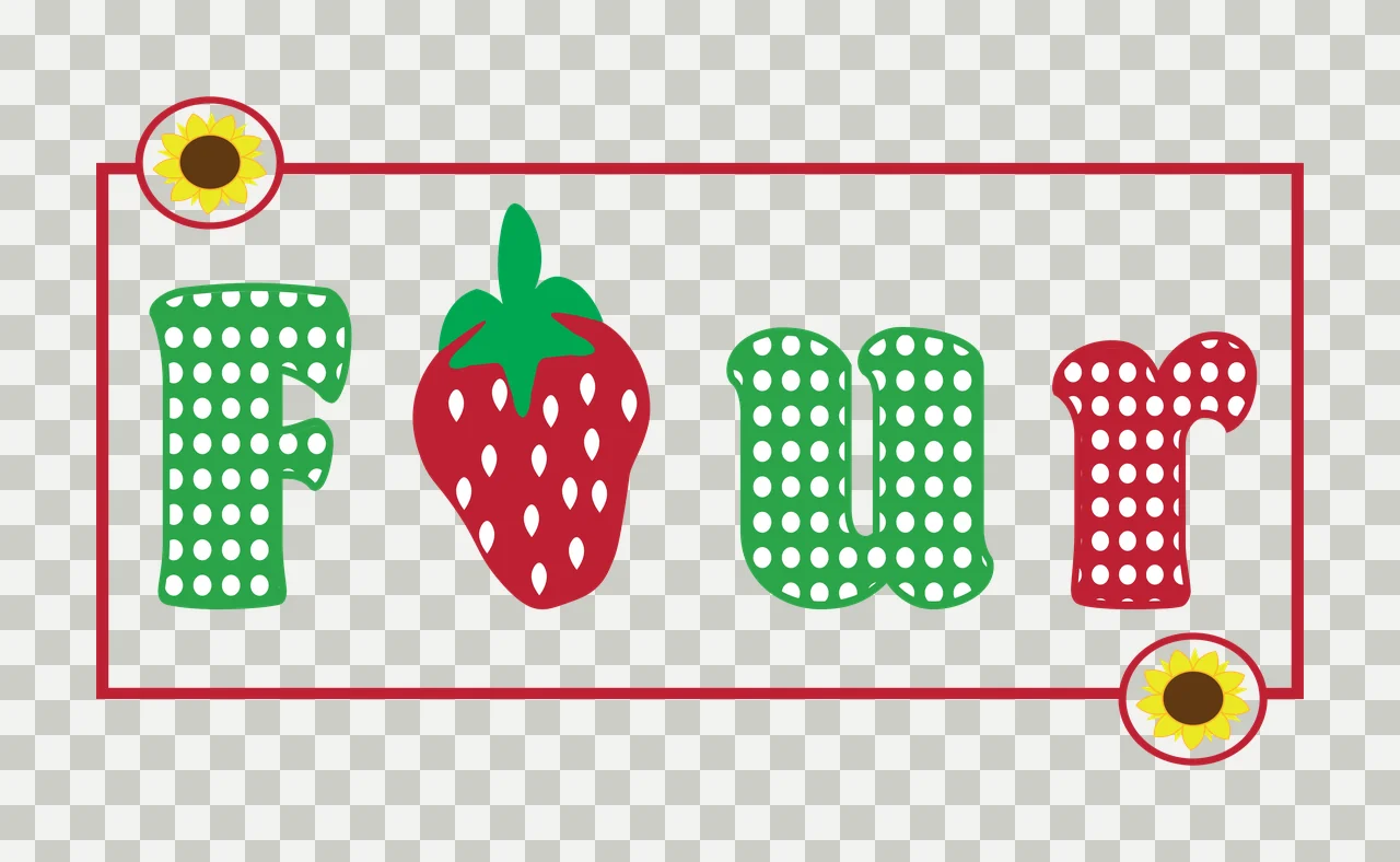 Four Typography Design with strawberry, polka dot letters, sunflower badges and rectangular frame in red, green and yellow transparency and detail preview thumbnail