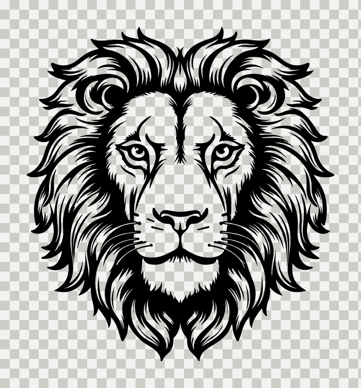 Lion Head Frontal View Illustration facing forward mane engraving transparency and detail preview thumbnail