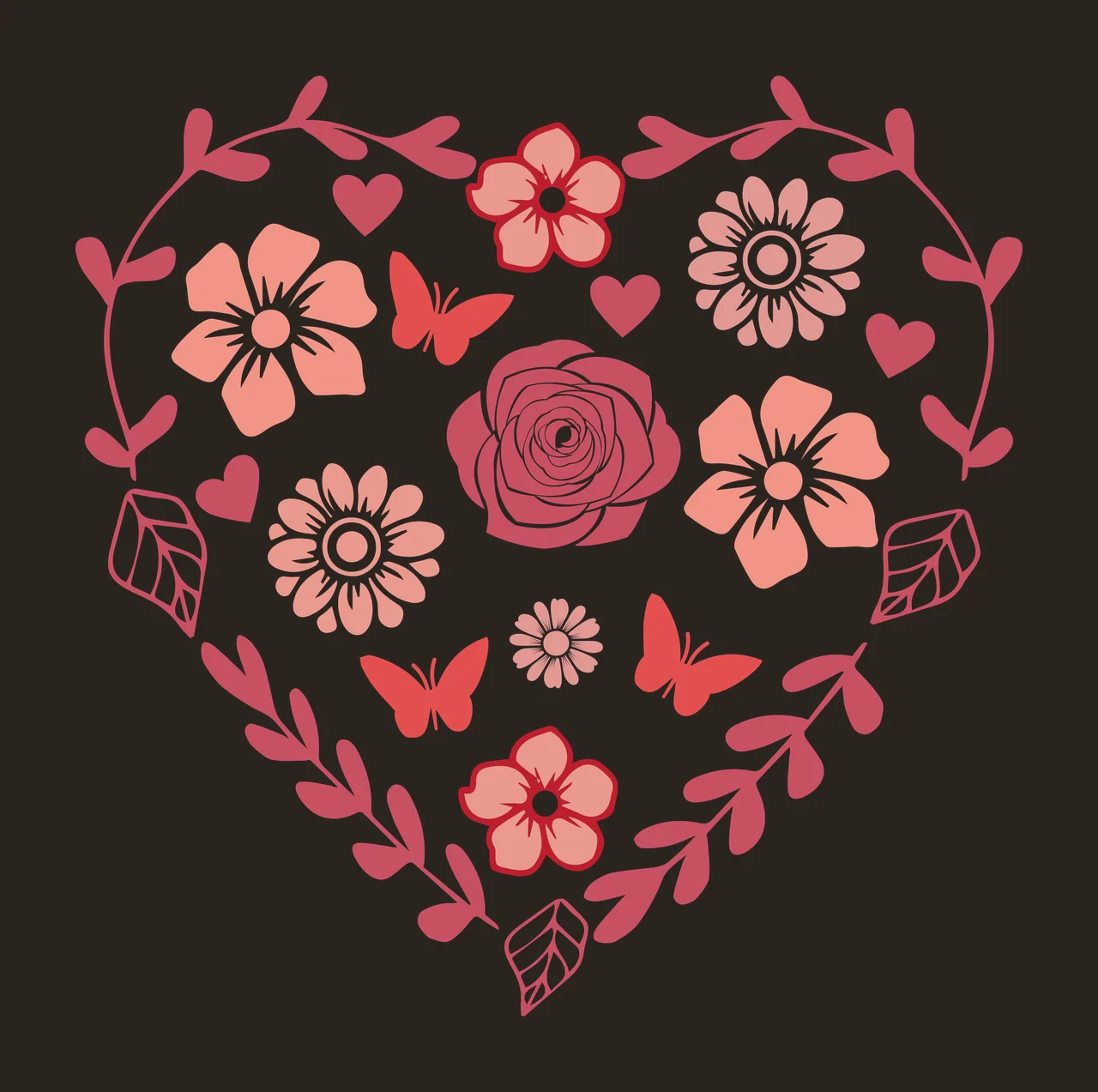 Floral heart composition Illustration with rose, flowers, butterflies and leaf vines in pink, red and peach contrast preview thumbnail