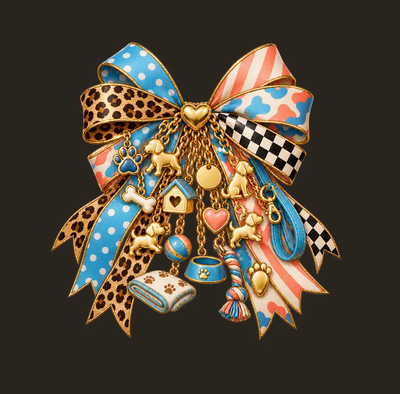 Puppy Lover Bow Charm PNG, Themed Gold Chain Charms, Coquette Ribbon Sublimation Design, Transparent Digital Download contrast preview thumbnail
