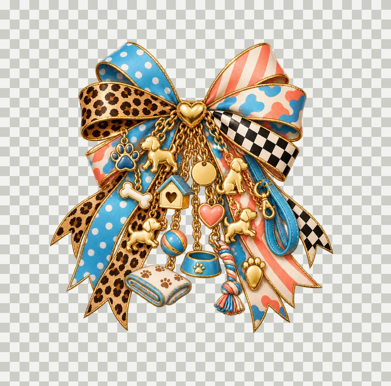 Puppy Lover Bow Charm PNG, Themed Gold Chain Charms, Coquette Ribbon Sublimation Design, Transparent Digital Download transparency and detail preview thumbnail