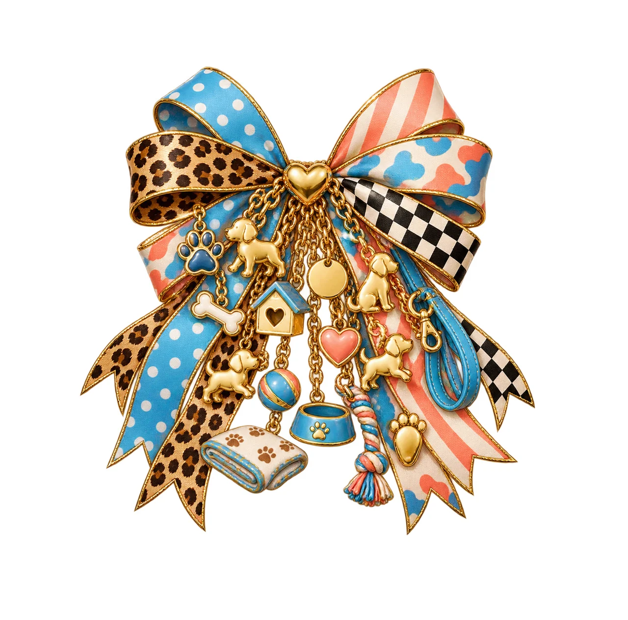 Puppy Lover Bow Charm PNG, Themed Gold Chain Charms, Coquette Ribbon Sublimation Design, Transparent Digital Download